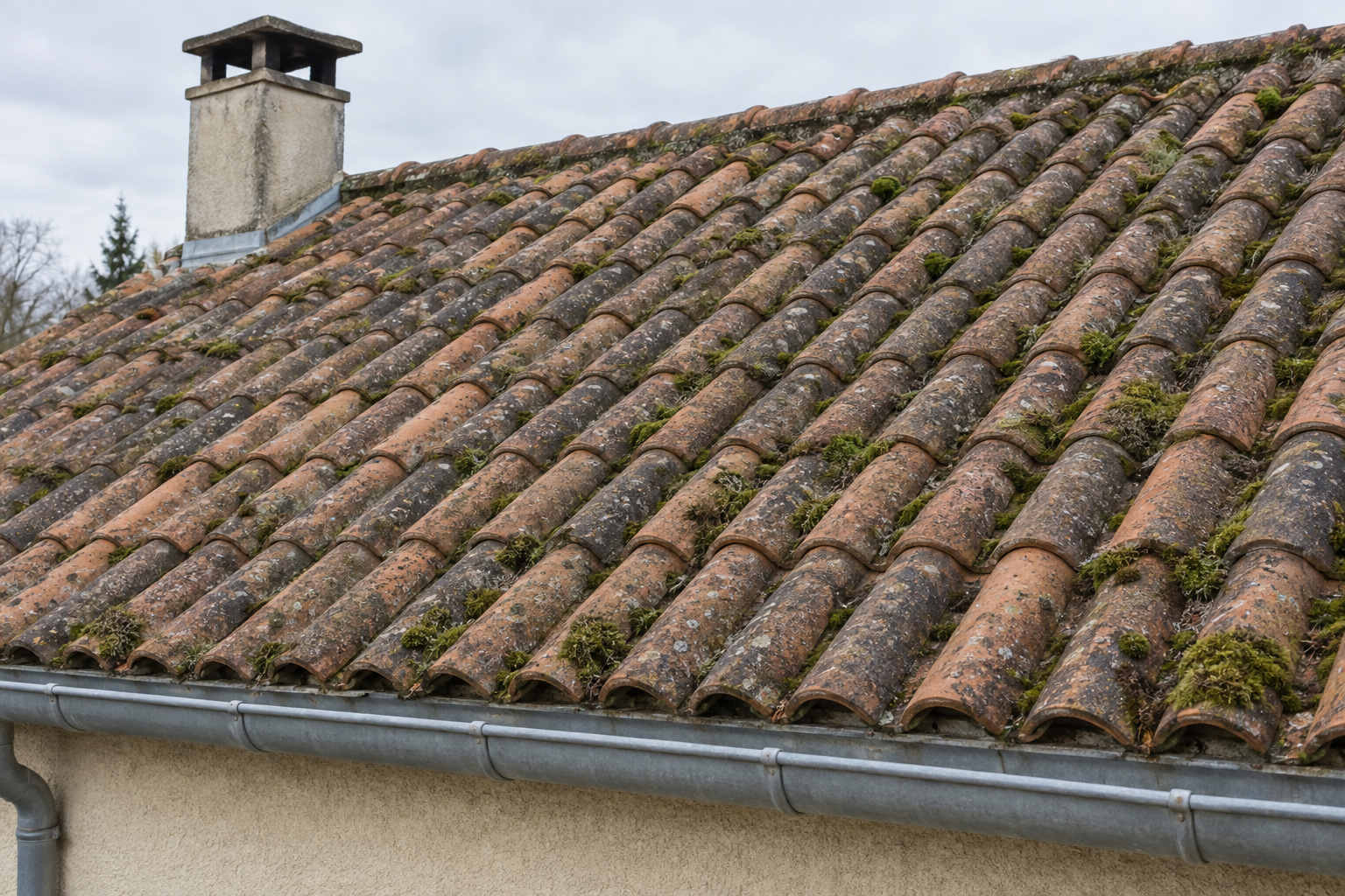Toiture avec mousses et dépôts avant nettoyage